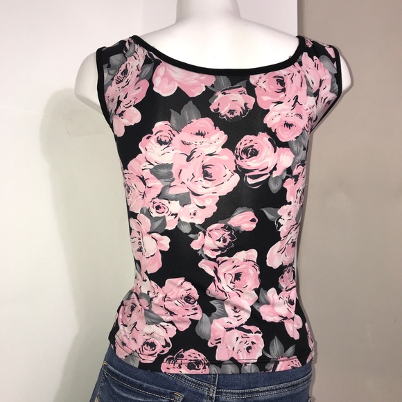 Bizz Girl Black Trim Pink Floral Ruched Tank Top - Picture 5 of 7